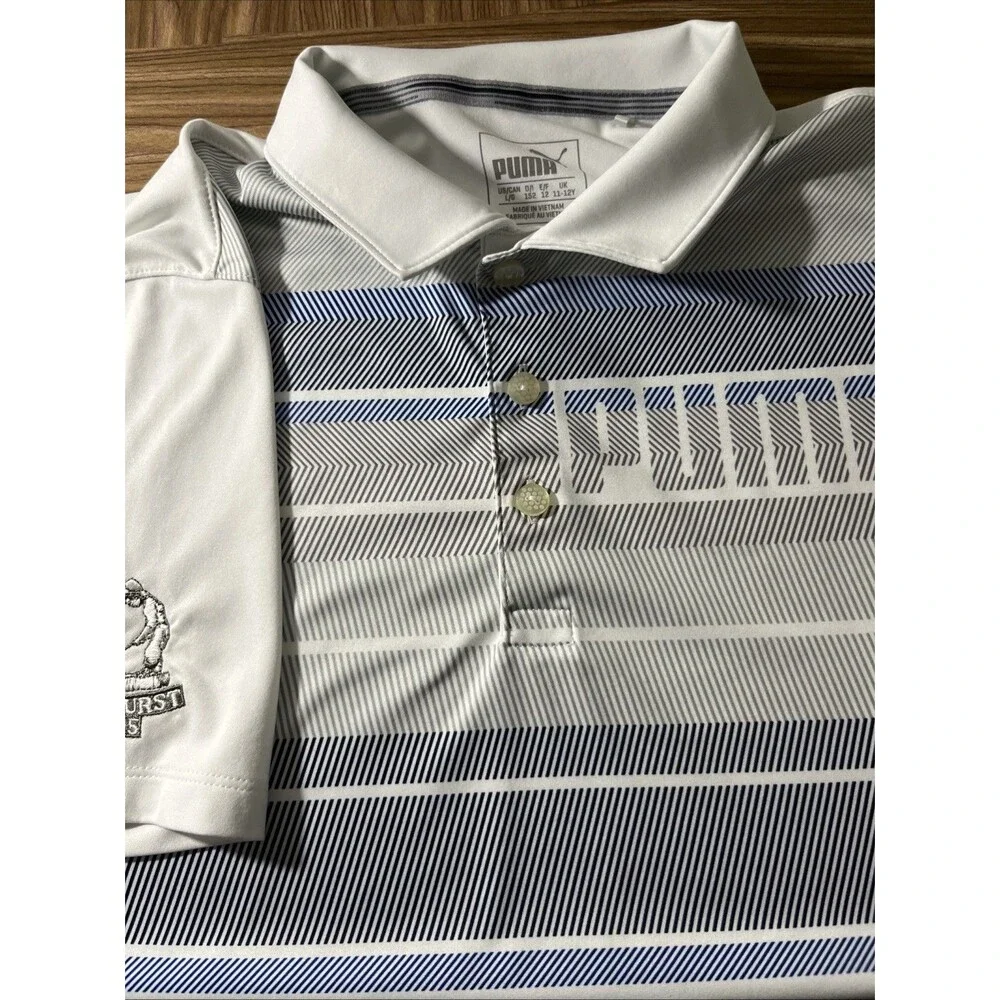 BOYS’ PUMA POLO SHIRT, WHITE BLUE STRIPES SIZE LARGE IN KIDS